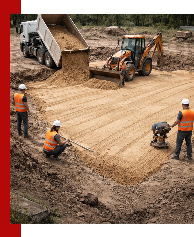 Устройство песчаной подушки для фундаментов и дорог в Томске